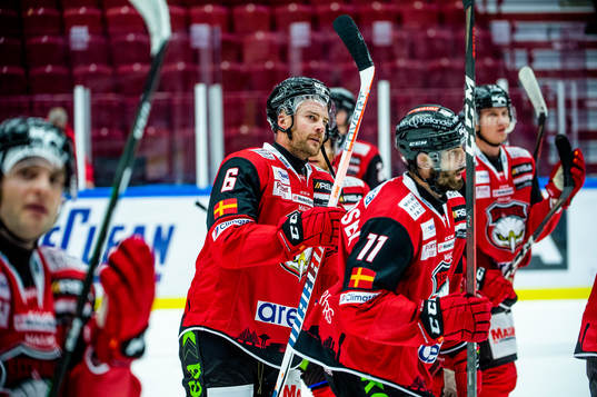 Malmö Redhawks Patrik Hersley jublar med lagkamraterna