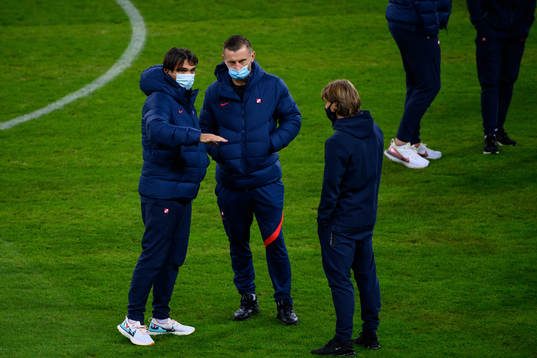Head coach Zlatko Dalic assistant coach Ivica Olic, and Luka Modrić of Croatia  ahead of  the Nations League football match between Sweden and Croatia on November 14, 2020 in Stockholm.