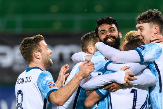 Ghayas Zahid of Norway celebrate with teammates after scoring the 0-1 goal