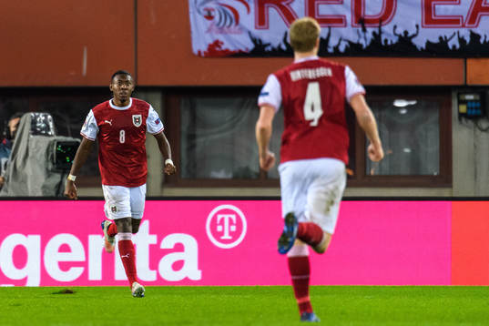 David Alaba celebrate with Martin Hinteregger of Austria after the 1-1 goal