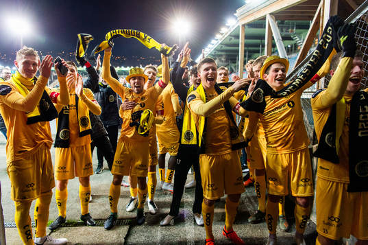 Ola Solbakken, Fredrik André Bjørkan, Alfons Sampsted, Sondre Fet and players of Bodø/Glimt celebrate winning the league after the Eliteserien football match between Strømsgodset and Bodø/Glimt on November 22, 2020 in Drammen.
