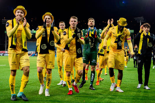 Fredrik André Bjørkan, Sondre Fet, Runar Hauge, goalkeeper Nikita Haikin, Viktor Boniface and Sebastian Tounekti of Bodø/Glimt celebrate winning the league