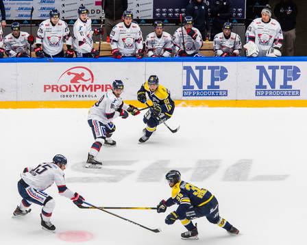Linköpings spelare på bänken ser Oula Palve och Max