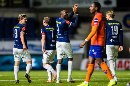 Duplexe Tchamba Bangou of Strømsgodset celebrates after scoring the 0-4 goal
