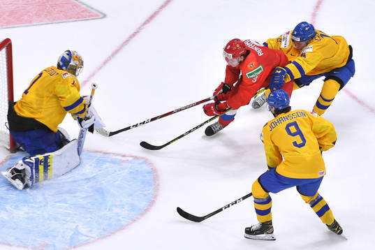 Mikhail Abramov of Russia crashes the net while being