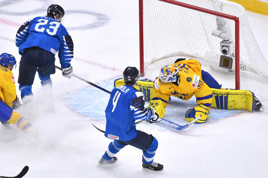 Hugo Alnefelt of Sweden makes a pad save against Mikko