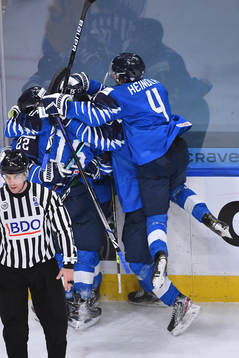 Roni Hirvonen of Finland celebrates the game winning goal