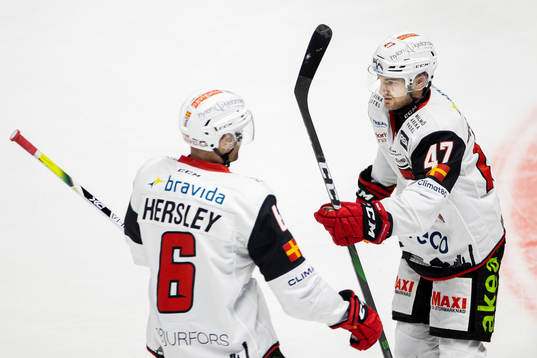 Malmö Redhawks Patrik Hersley och Adam Johnson jublar