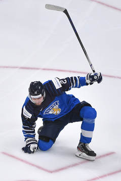 Mikko Petman of Finland celebrates his third period goal