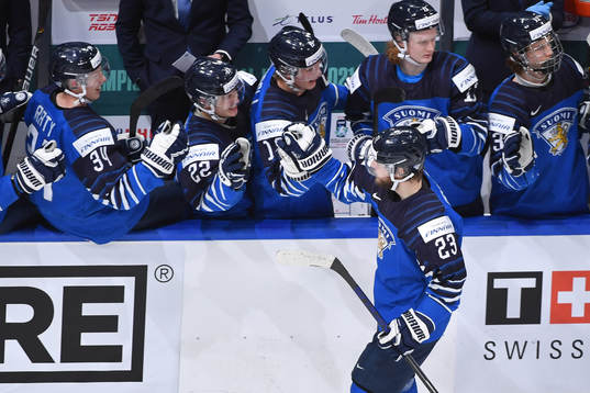 Mikko Petman of Finland celebrates his third period goal