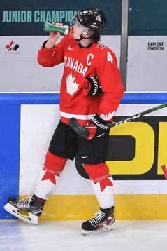 Bowen Byram of Canada takes a water break