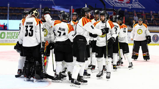 Brynäs spelare jublar och tackar målvakt Samuel Ersson