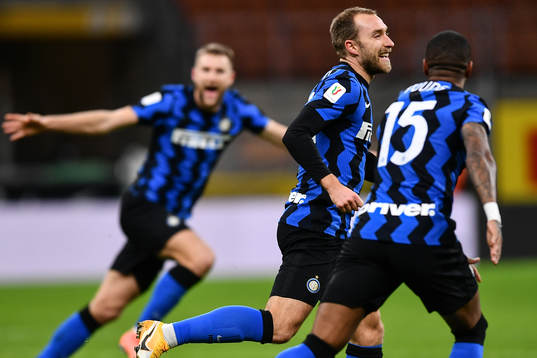 Christian Eriksen of Inter celebrates after scoring 2-1 