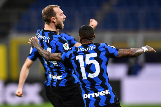 Christian Eriksen of Inter celebrates after scoring 2-1 