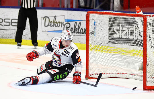 Malmö Redhawks Helge Grans ser pucken går i eget mål