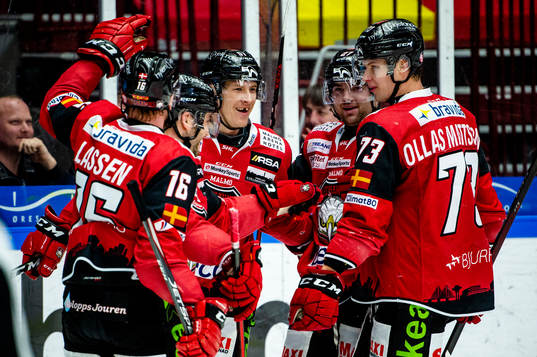 Malmö Redhawks Emil Sylvegård jublar med lagkamraterna