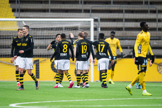s spelare jubler efter 0-2 under träningsmatchen i fotboll mellan Elfsborg och AIK den 20 mars 2021 i Borås. 