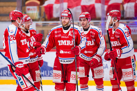 Timrås Patrick Wiercioch och Jacob Olofsson jublar med