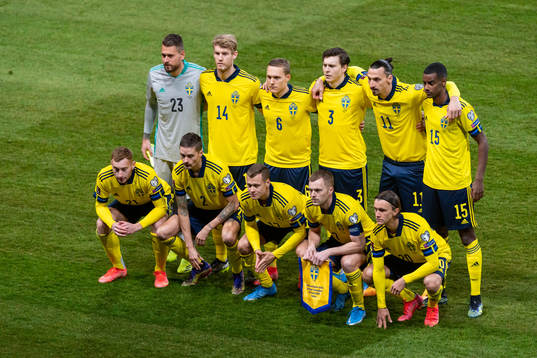  Goalkeeper Kristoffer Nordfeldt, Filip Helander, Ludwig Augustinsson, Victor Nilsson Lindelöf, Zlatan Ibrahimovic, Alexander Isak. Front row from left: Dejan Kulusevski, Mikael Lustig, Viktor Claesson, Sebastian Larsson and Kristoffer Olsson.