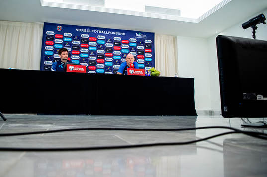 Morten Morisbak Skjønsberg, press officer, and Ståle Solbakken, head coach of the Norwegian national football team,