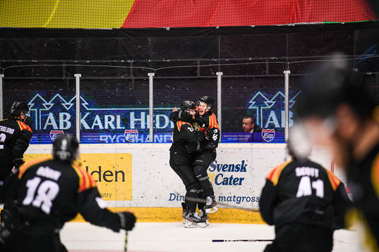 Brynäs Emil Molin jublar med målskytten till 2-1 Linus