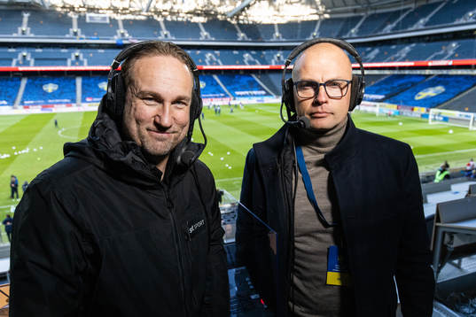 Chris Härenstam and Markus Johannesson of SVT ahead of the women's international friendly football match between Sweden and USA on April 10, 2021 in Stockholm. 