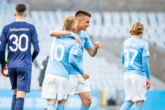 Malmö FFs Jonas Knudsen och Anders Christiansen jublar med lagkamterna