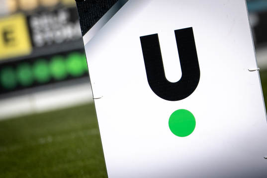 Unibet logo före fotbollsmatchen i Superettan mellan Falkenberg och GAIS den 10 april 2021 i Falkenberg. 