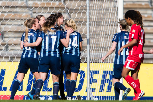 Djurgårdens spelar jublar efter att målvakt Kelsey Daugherty räddat en straff
