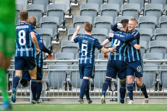 Djurgårdens Haris Radetinac och Kalle Holmberg jublar