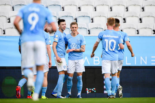 Malmö FFs Anel Ahmedhodzic och Sören Rieks jublar 3-1
