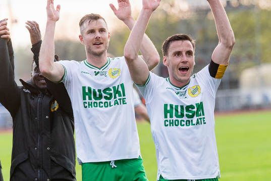 Hammarbys Richard Magyar och Jeppe Andersen jublar