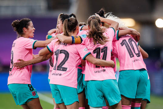 Players of Barcelona celebrate after scoring 0-3