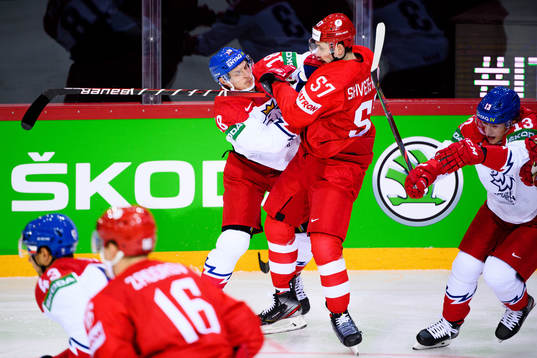 Dominik Kubalik of Czech Republic and Artyom Shvets-Rogovoi