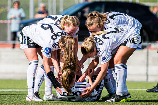Cesilie Andreassen of Rosenborg (on the ground) celebrates after scoring the 2-0 goal