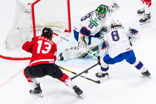 Gabriel Vilardi of Canada against goalkeeper Henrik