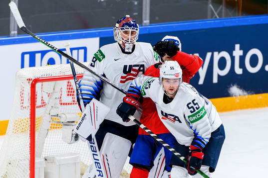 Mathis Olimb of Norway against goalkeeper Jake Oettinger