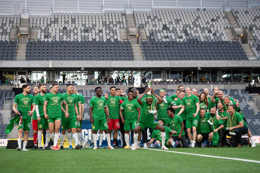 Hammarbys spelare jublar med pokalen
