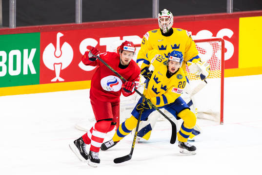 Vladimir Tarasenko of Russia and goalkeeper Adam Reideborn