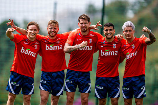 Jonas Svensson, Fredrik Midtsjø, Stefan Strandberg, Mohamed Elyounoussi and Mathias Normann of the Norwegian national football team celebrate