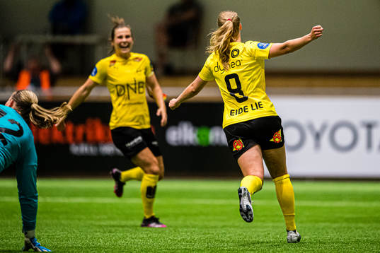 Nora Eide Lie of LSK Kvinner  celebrates after scoring the 2-1 goal during the Toppserien football match between LSK Kvinner and Lyn on June 2, 2021 in Lillestrøm.
