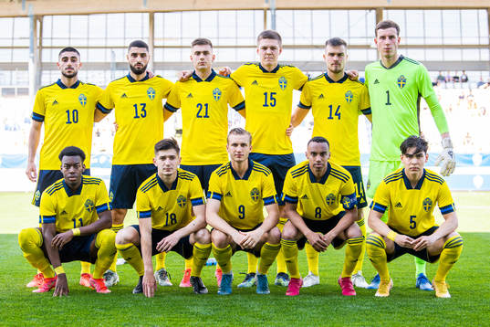 The starting eleven of Sweden, from the top left, Rami Hajal, Aiham Ousou, Tim Prica, Emil Holm, Pavle Vagic, goalkeeper Samuel Brolin, Anthony Elanga, Armin Gigovic, Benjamin Nygren, Bilal Hussein and Eric Kahl