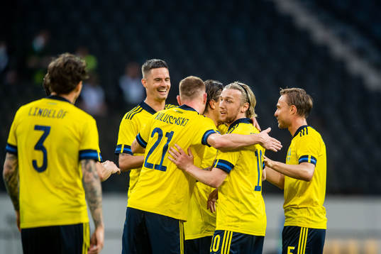Mikael Lustig, Victor Nilsson Lindelöf, Emil Forsberg and Dejan Kulusevski of Sweden celebrate 1-0  during the international friendly football match between Sweden and Armenia on June 5, 2021 in Stockholm. 
