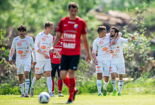 Älmeboda/Linneryds Samuel Tarasenko jublar med lagkamrater efter 4-0