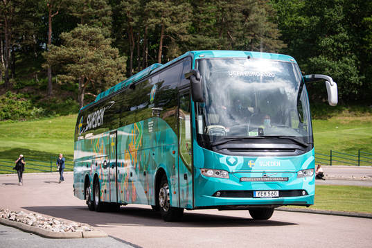 The team bus of the Swedish national football team approaching base camp Sankt Jörgen Park ahead of the UEFA Euro 2020 Football Championship on June 8, 2021 in Gothenburg.