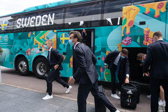 Sebastian Larsson, Gustav Svensson and Marcus Berg of the Swedish national football team arrive to base camp Sankt Jörgen Park ahead of the UEFA Euro 2020 Football Championship on June 8, 2021 in Gothenburg. 