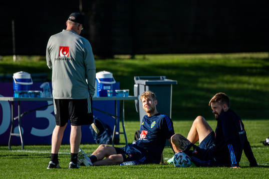 Janne Andersson, head coach, Filip Helander and Pontus Jansson of the Swedish national football team at a training session ahead of the UEFA Euro 2020 Football Championship on June 8, 2021 in Gothenburg. 