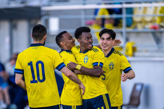 Rami Hajal, Bilal Hussein, Eric Kahl and Anthony Elanga of Sweden celebrates 3-0