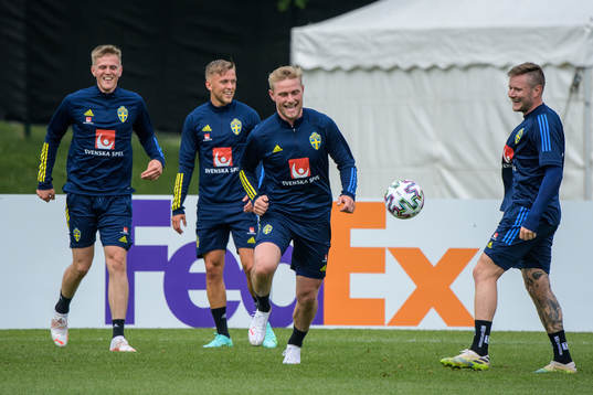 Joakim Nilsson, Jesper Karlsson, goalkeeper Jacob Rinne and Mattias Johansson of the Swedish national football team's reserve squad at a training session