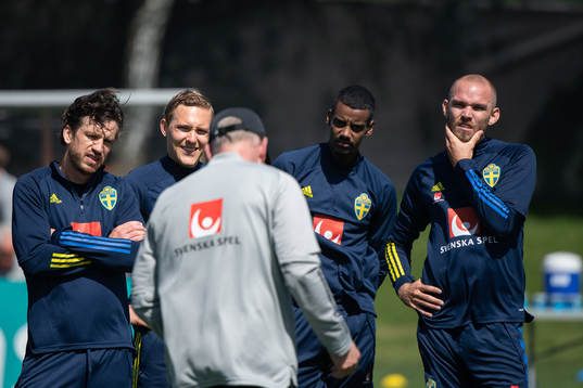 Gustav Svensson, Ludwig Augustinsson, Alexander Isak and Marcus Danielson of the Swedish national football team at a training session